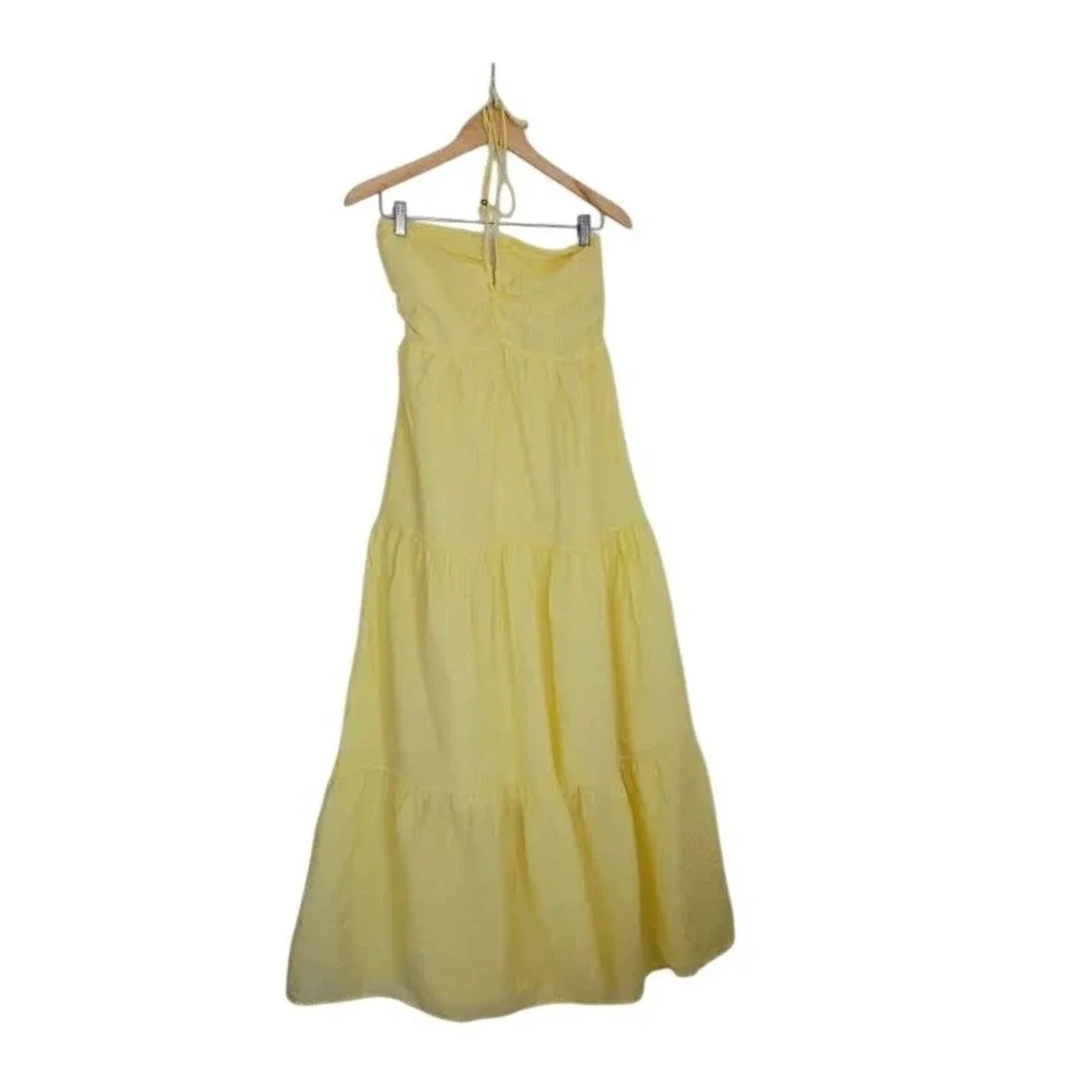 Cottagecore Boho Yellow Textured 100% Cotton Tiered‎ Maxi Halter Dress S NWOT